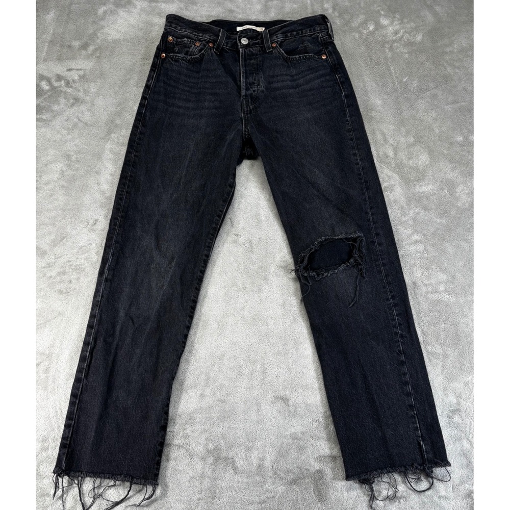 Levi's Wedgie Straight Jeans Women 28 Black Button Fly Distressed Ripped Raw Hem
